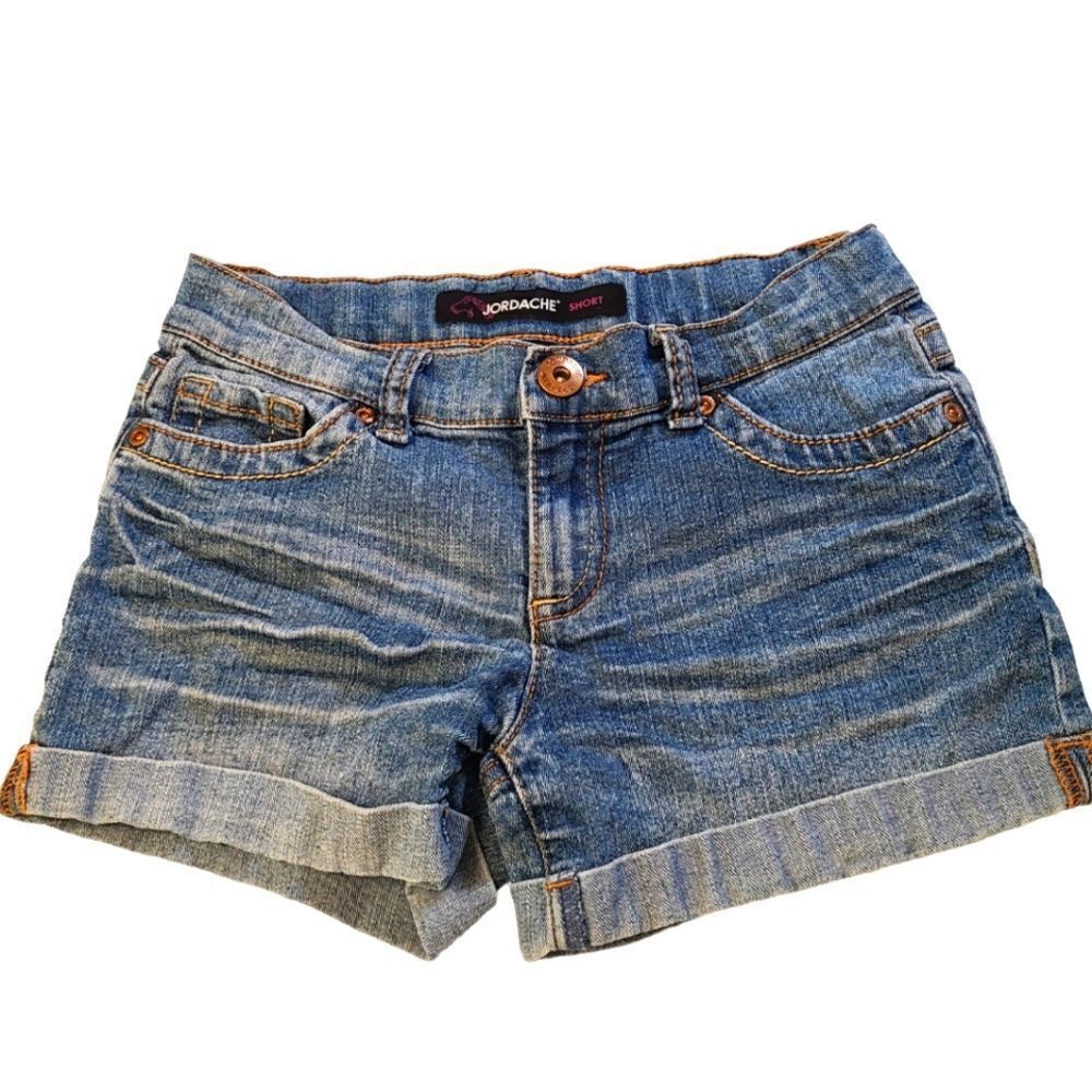 Jordache Jean Shorts Cuffed Faded Denim‎ Gold Topstitching sz 8